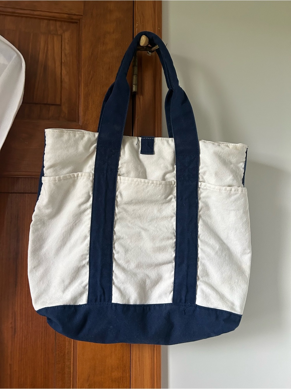 Medium Canvas Tote Bag in White and Navy